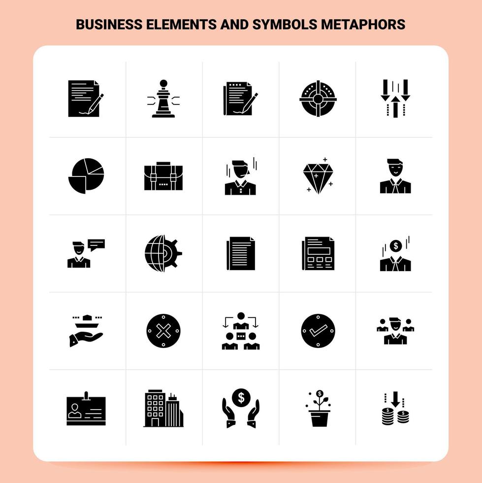 Solid 25 business elements and symbols metaphors Icon set Vector Glyph Style Design Black Icons Set Web and Mobile Business ideas design Vector Illustration