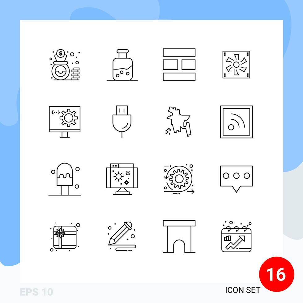 Group of 16 Modern Outlines Set for coding device collage cooler cooler fan Editable Vector Design Elements