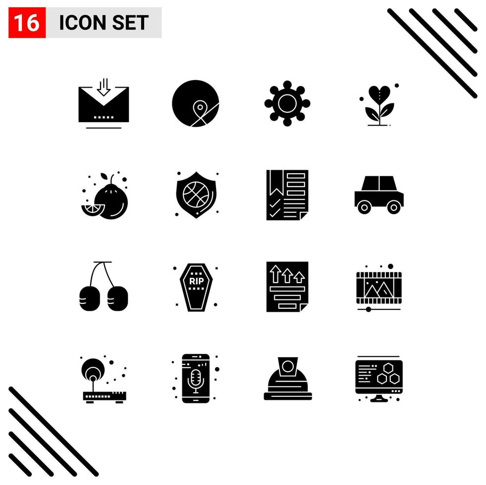 16 Universal Solid Glyphs Set for Web and Mobile Applications fruit love gear heart grow Editable Vector Design Elements