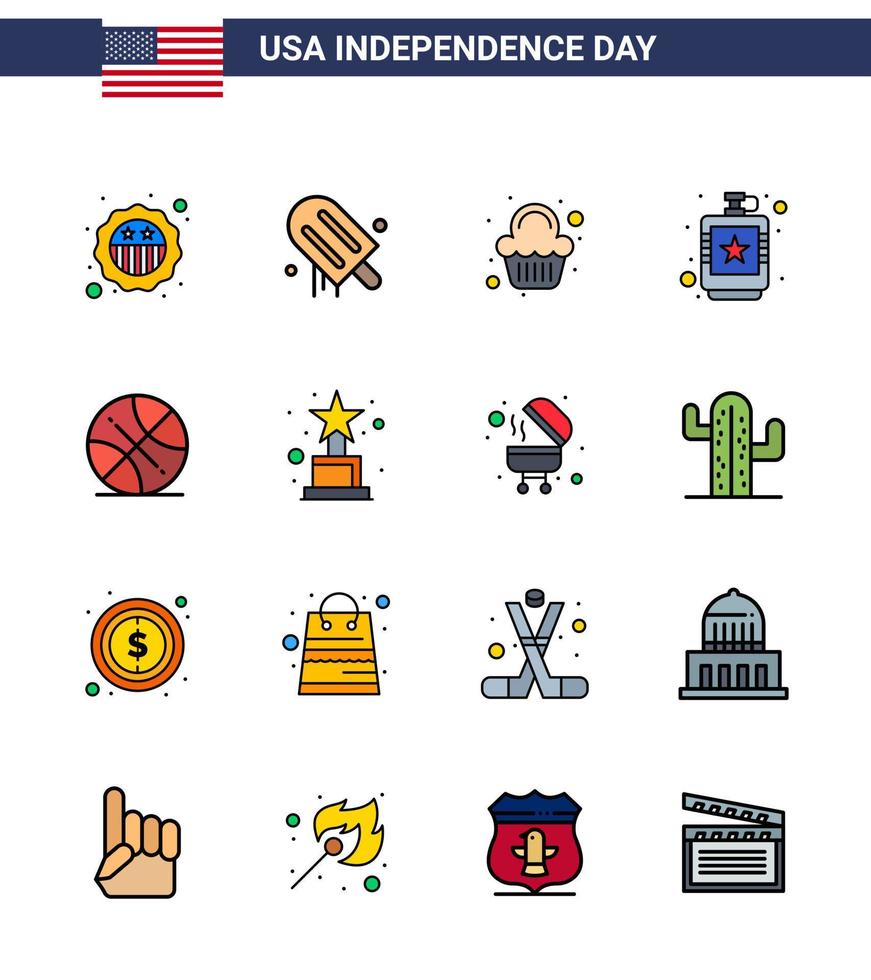 Happy Independence Day 16 Flat Filled Lines Icon Pack for Web and Print backetball hip cake flask alcoholic Editable USA Day Vector Design Elements