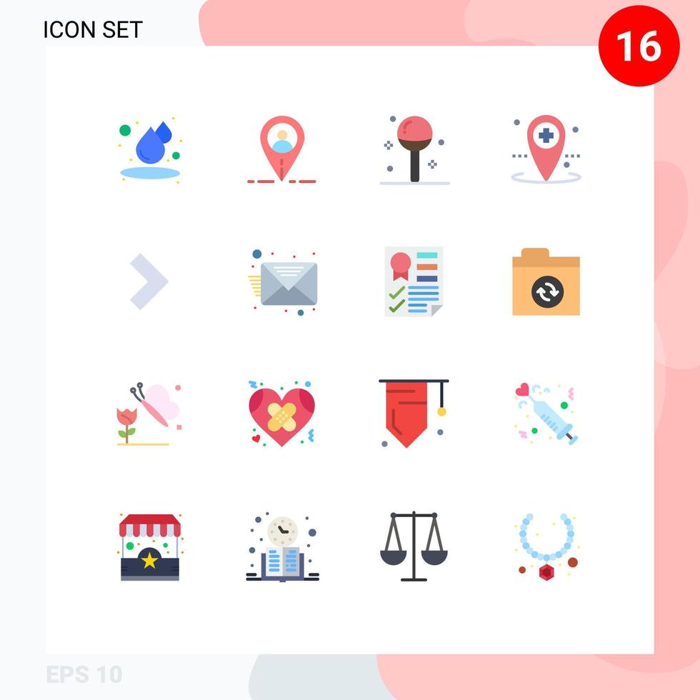 Mobile Interface Flat Color Set of 16 Pictograms of next arrow food medical hospital Editable Pack of Creative Vector Design Elements