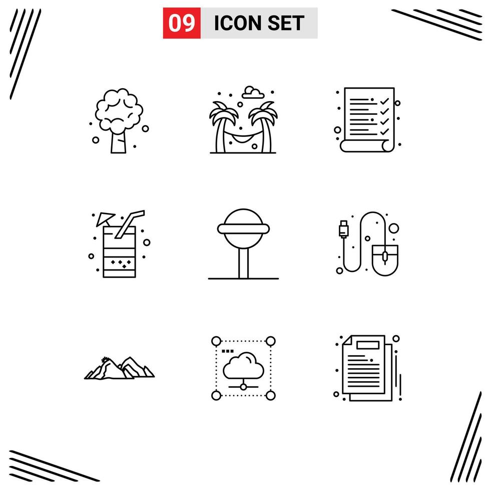 Set of 9 Modern UI Icons Symbols Signs for lollipop candy audit juice drink Editable Vector Design Elements