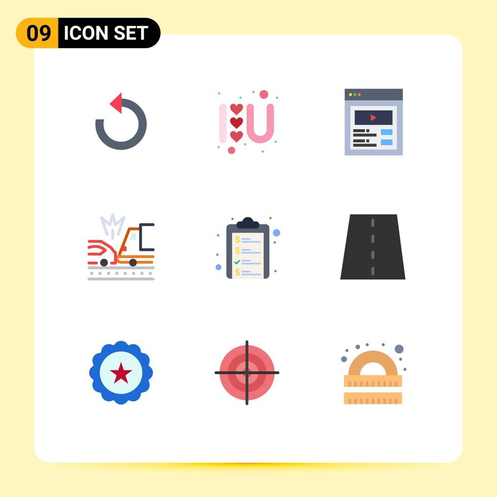 Mobile Interface Flat Color Set of 9 Pictograms of clipboard truck custom content crash accident Editable Vector Design Elements