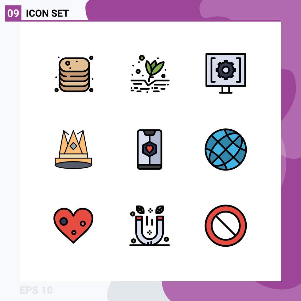 Set of 9 Vector Filledline Flat Colors on Grid for first king plant crown service Editable Vector Design Elements