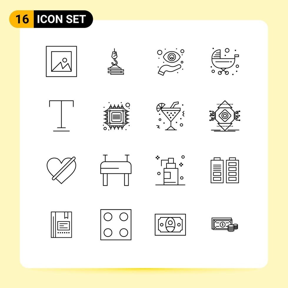 paquete de 16 signos y símbolos de contornos modernos para medios de impresión web, como elementos de diseño de vectores editables de visión para niños