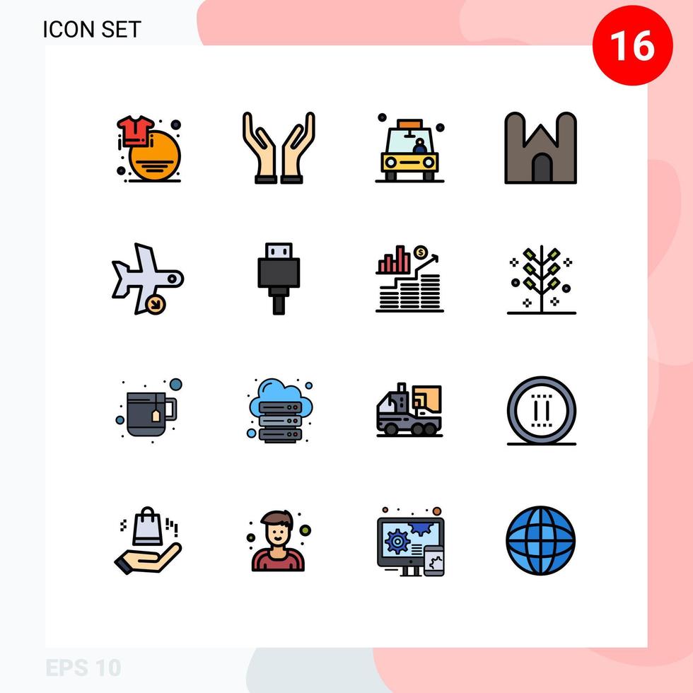 Pack of 16 Modern Flat Color Filled Lines Signs and Symbols for Web Print Media such as medieval castle tower car castle building taxi Editable Creative Vector Design Elements