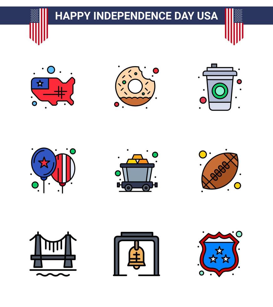 9 USA Flat Filled Line Pack of Independence Day Signs and Symbols of rail cart bottle party celebrate Editable USA Day Vector Design Elements