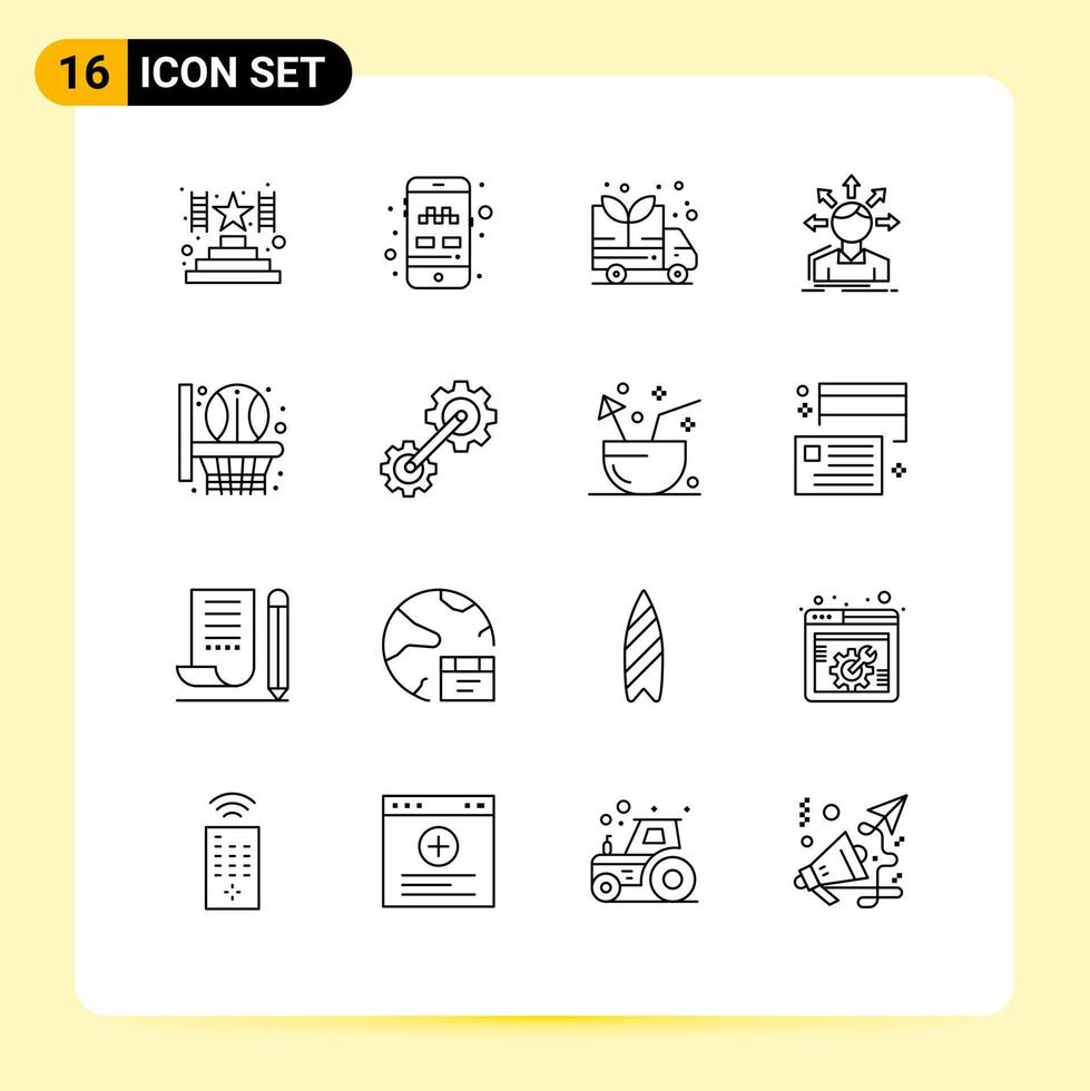 Group of 16 Outlines Signs and Symbols for sport basketball net green transition options Editable Vector Design Elements