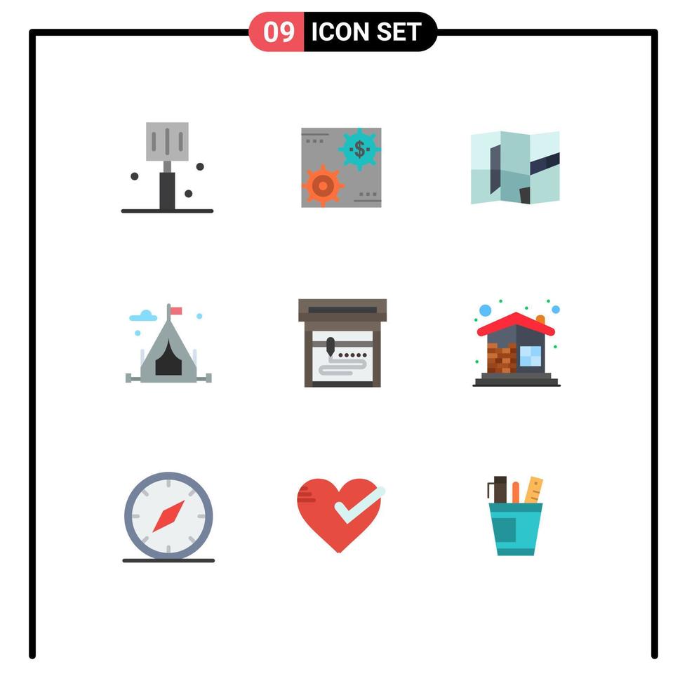 9 Thematic Vector Flat Colors and Editable Symbols of machine hobbies making camping map Editable Vector Design Elements