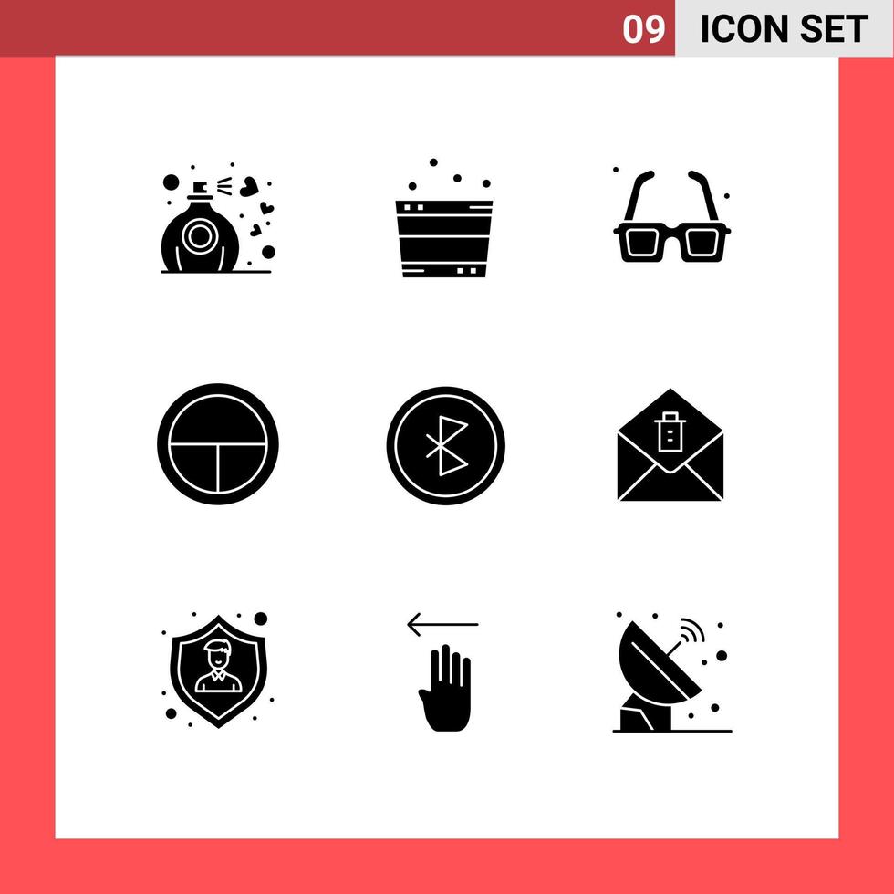Group of 9 Modern Solid Glyphs Set for bluetooth military glasses badge valentines day Editable Vector Design Elements
