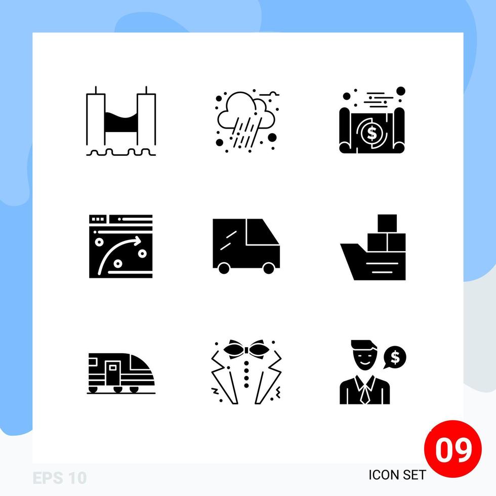9 User Interface Solid Glyph Pack of modern Signs and Symbols of van window banking web page travel Editable Vector Design Elements
