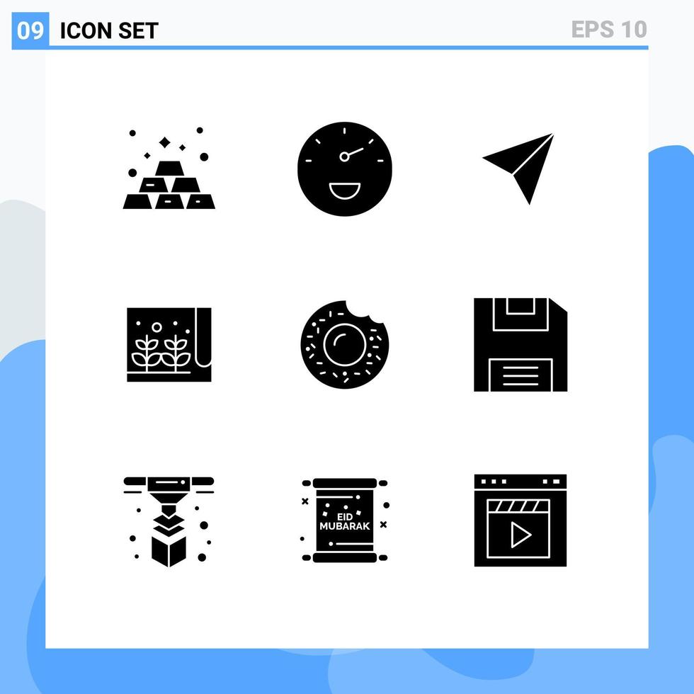 paquete de línea de vector editable de 9 glifos sólidos simples de conjuntos de alimentos de disquete elementos de diseño de vector editable de planta de donut