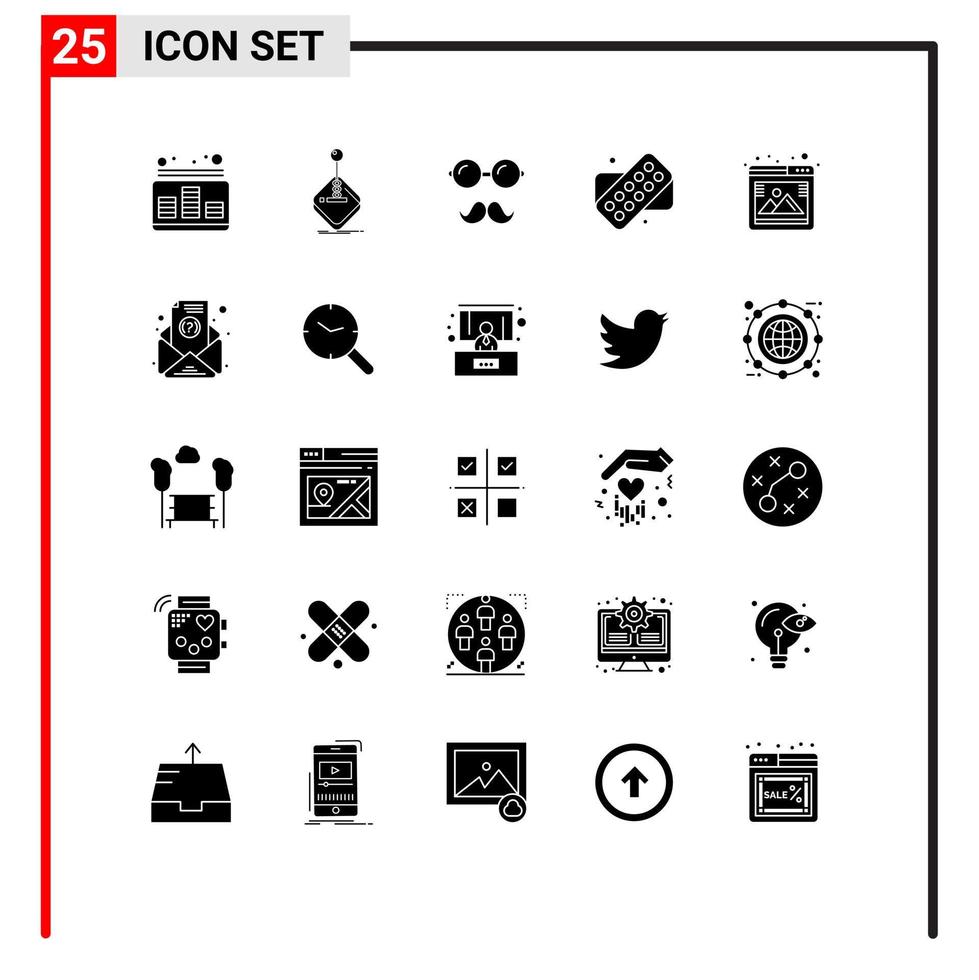 Group of 25 Solid Glyphs Signs and Symbols for gallery medical joystick tablet glasses Editable Vector Design Elements