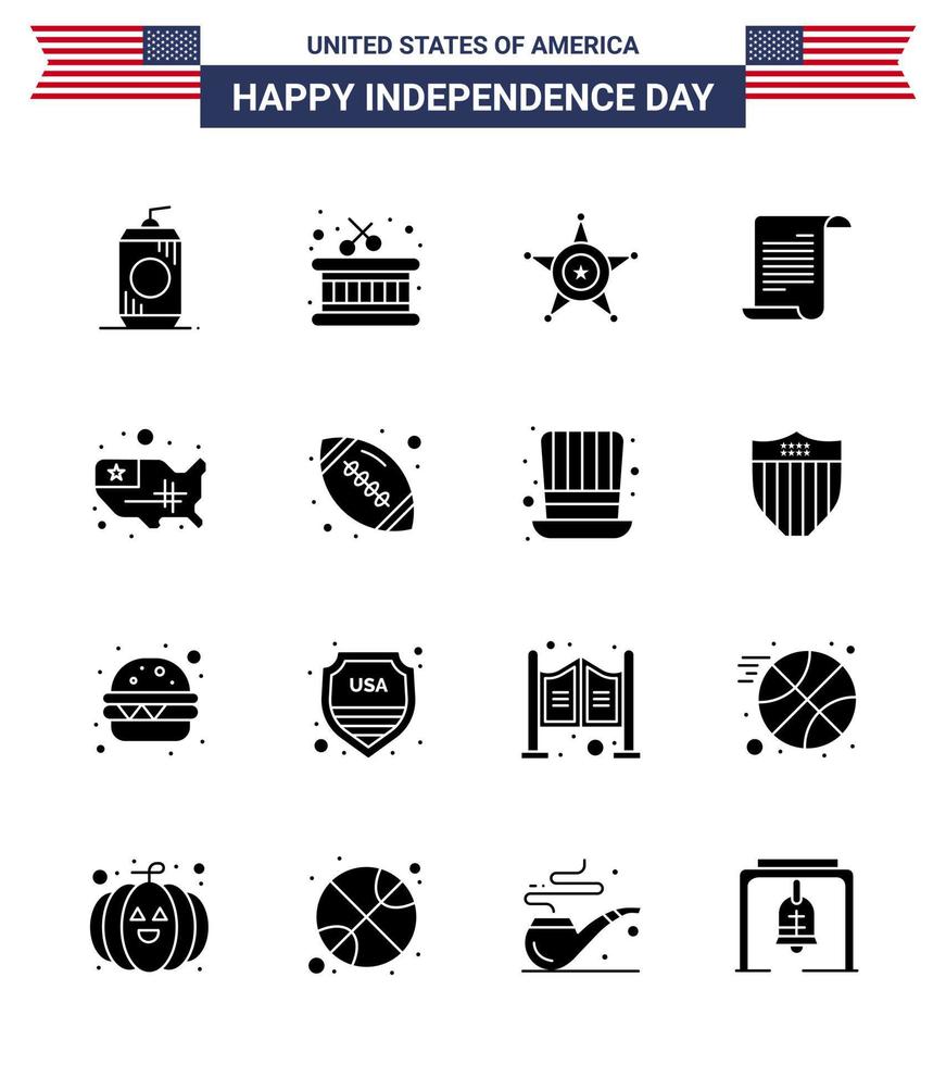 Big Pack of 16 USA Happy Independence Day USA Vector Solid Glyphs and Editable Symbols of united map police usa text Editable USA Day Vector Design Elements