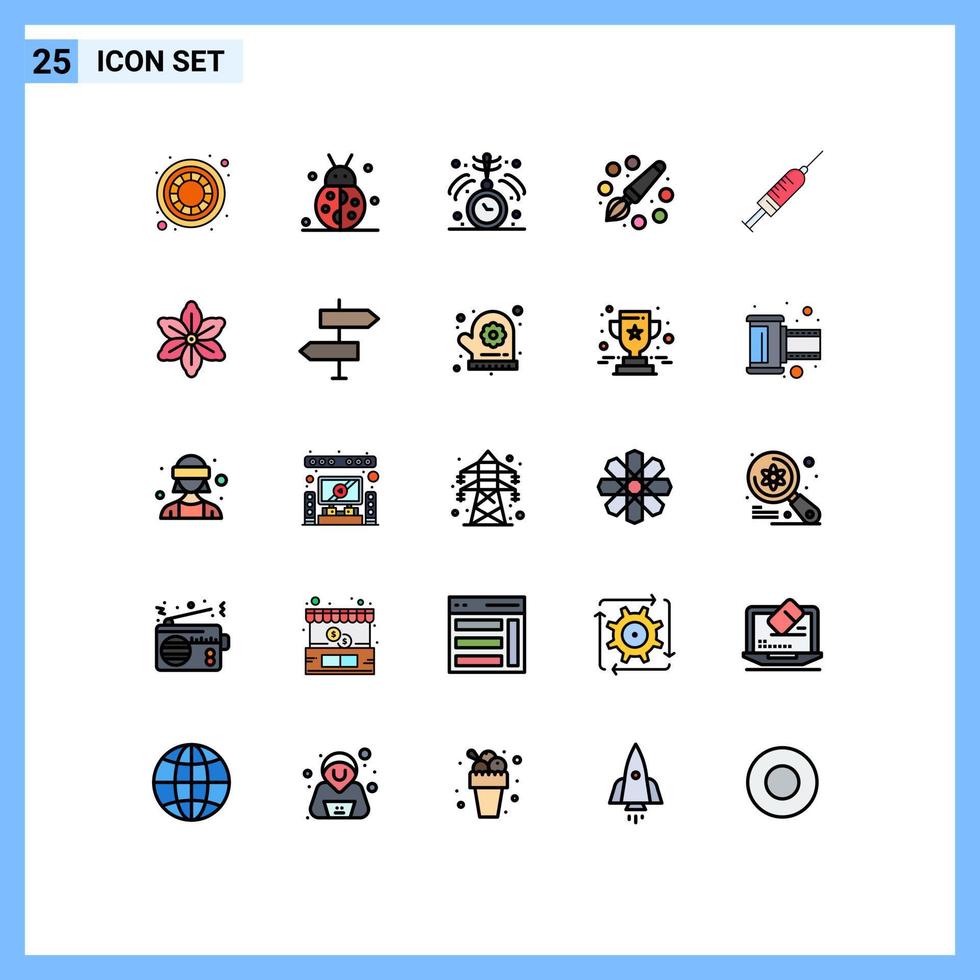 Filled line Flat Color Pack of 25 Universal Symbols of injection painting clock education color Editable Vector Design Elements