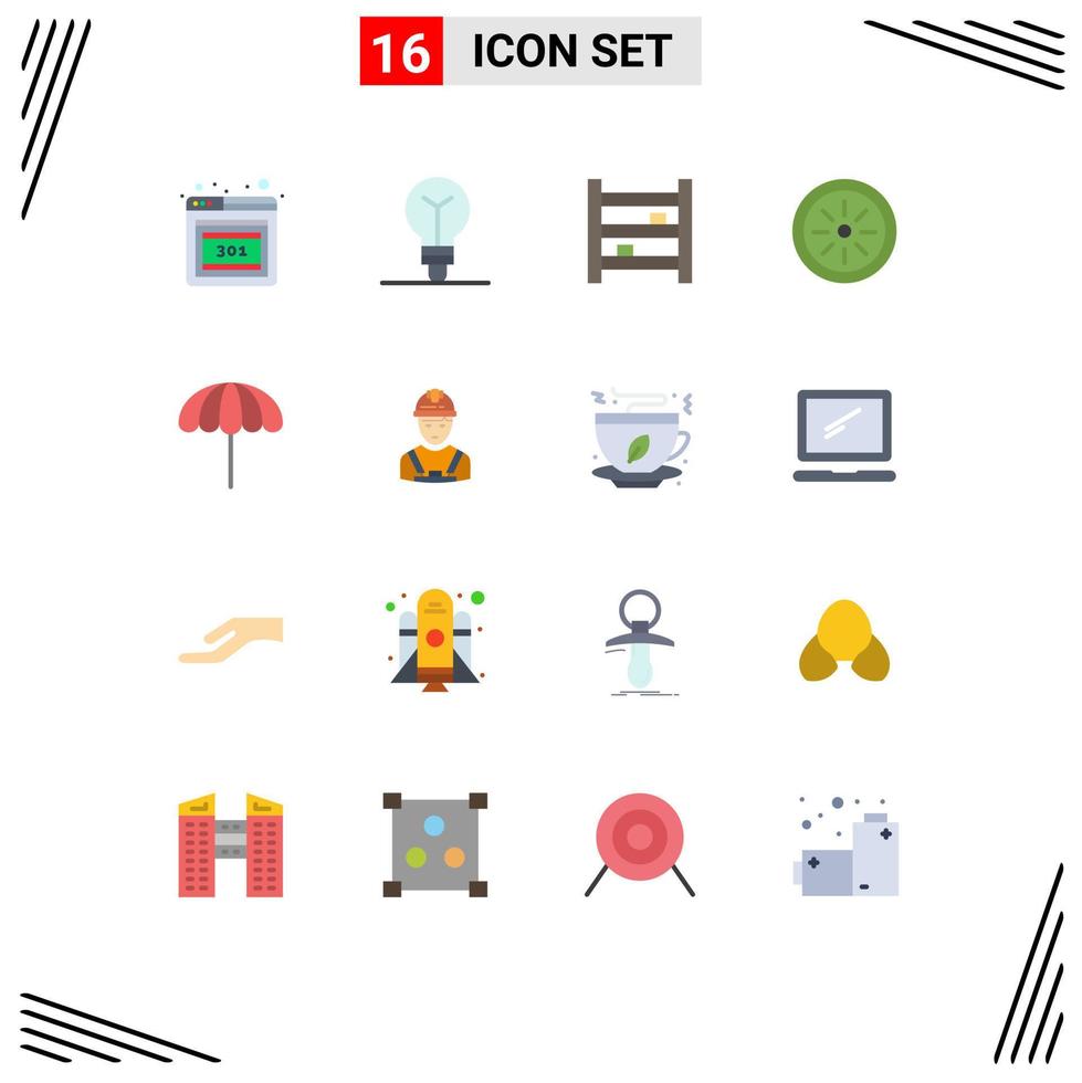 Flat Color Pack of 16 Universal Symbols of wet umbrella furniture beach fruit Editable Pack of Creative Vector Design Elements