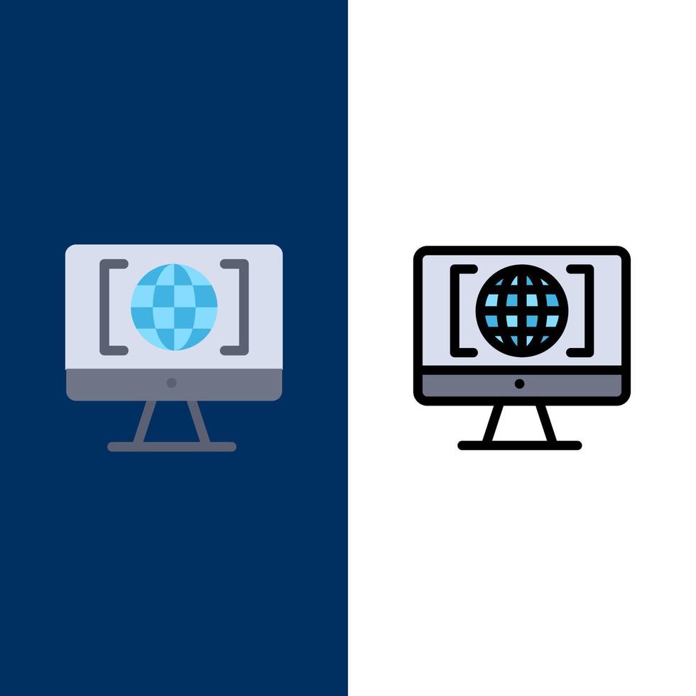 computadora internet mundo grande pensar iconos plano y línea llena conjunto de iconos vector fondo azul