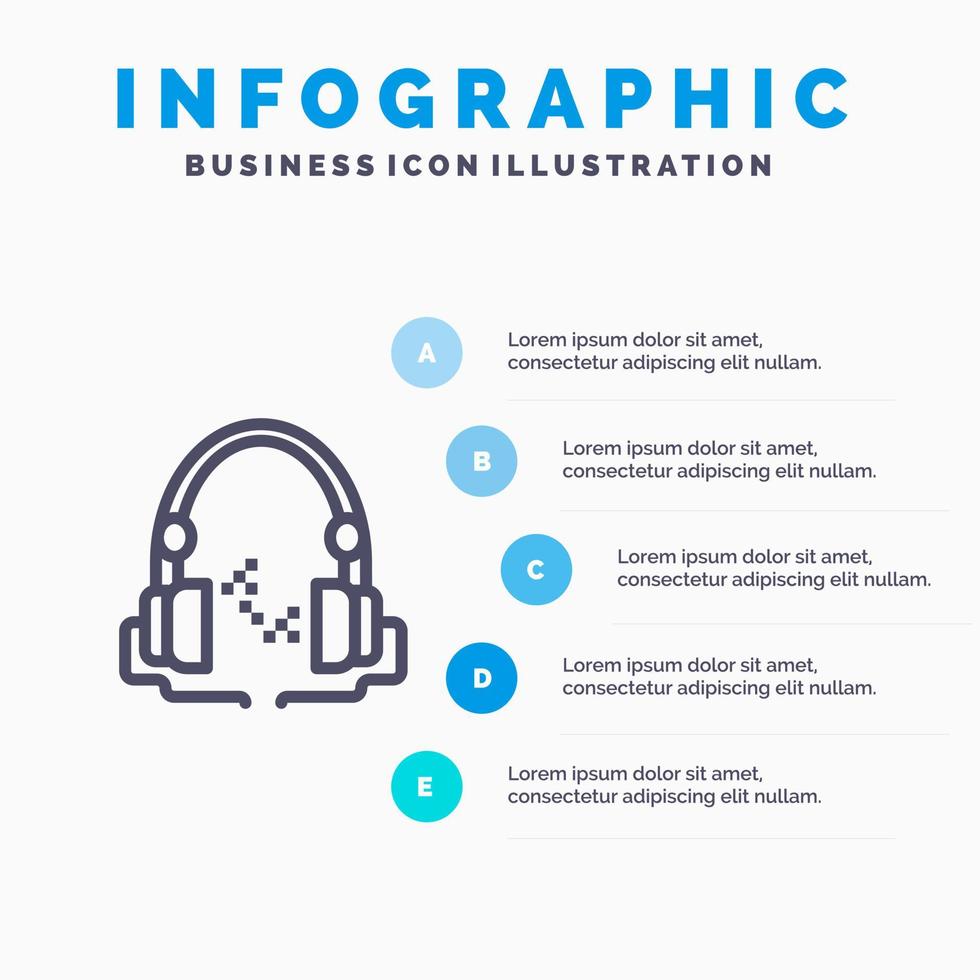 icono de línea libre de audio de música de auriculares con fondo de infografía de presentación de 5 pasos vector