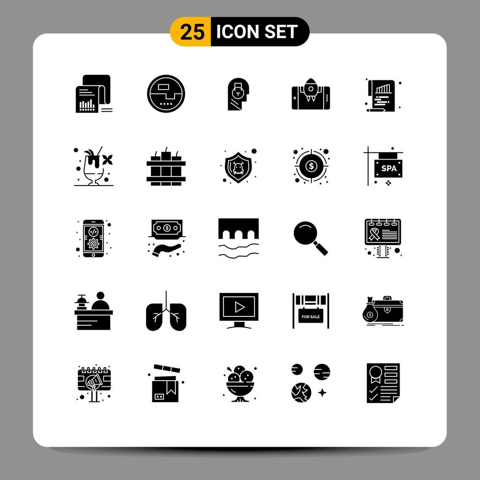 25 User Interface Solid Glyph Pack of modern Signs and Symbols of rocket app measuring user message Editable Vector Design Elements