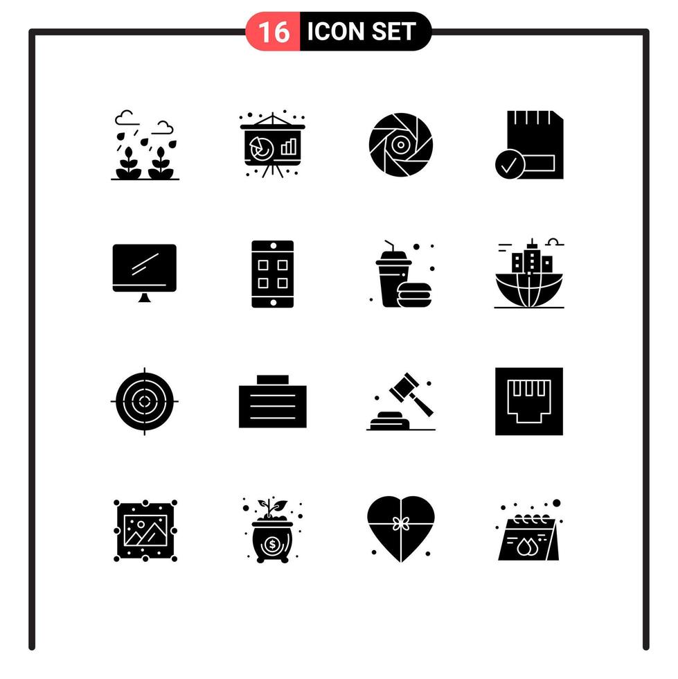 Solid Glyph Pack of 16 Universal Symbols of computer devices cinema connected card Editable Vector Design Elements