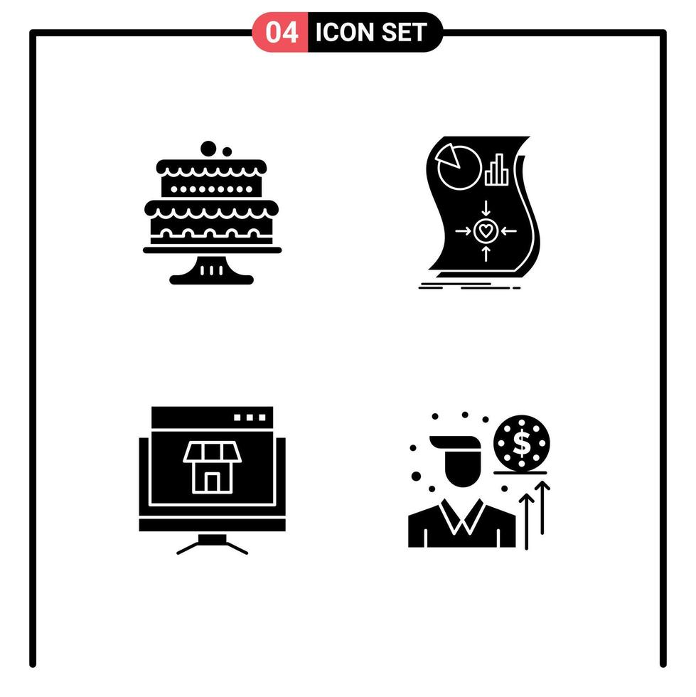 Solid Glyph Pack of 4 Universal Symbols of baked computer cakes relationship marketplace Editable Vector Design Elements