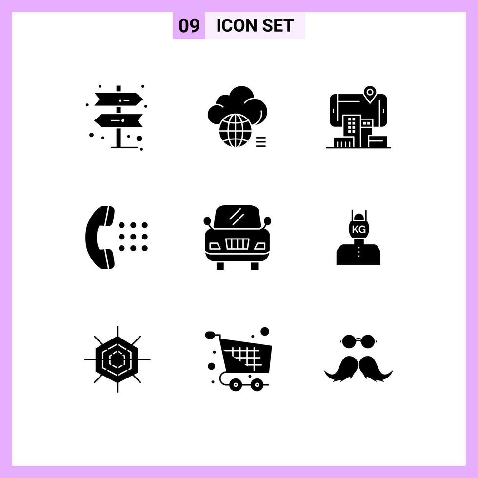 Set of 9 Vector Solid Glyphs on Grid for vehicle phone reality dial apps Editable Vector Design Elements