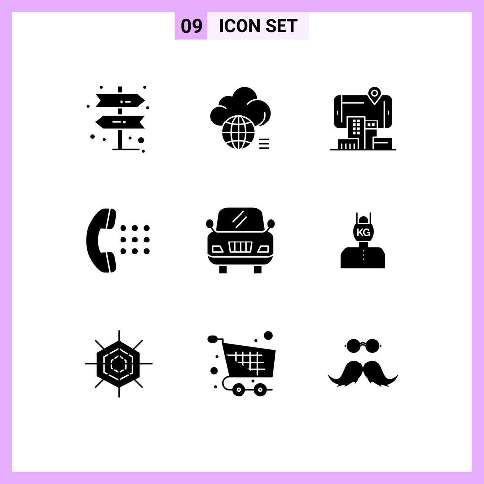 conjunto de 9 glifos sólidos vectoriales en cuadrícula para aplicaciones de marcación de realidad de teléfonos de vehículos elementos de diseño de vectores editables