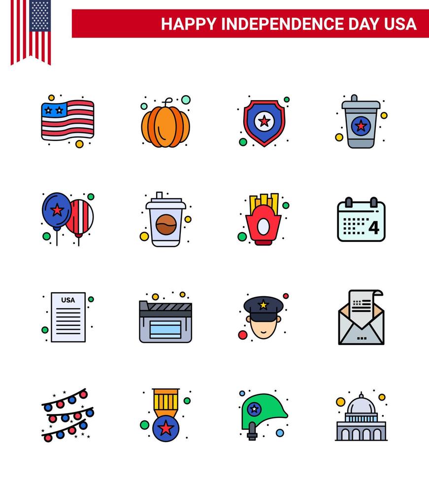 Paquete de 16 líneas llenas planas de EE. UU. De signos y símbolos del día de la independencia de la estrella del día de la botella celebran los elementos de diseño vectorial editables del día de EE. UU. vector