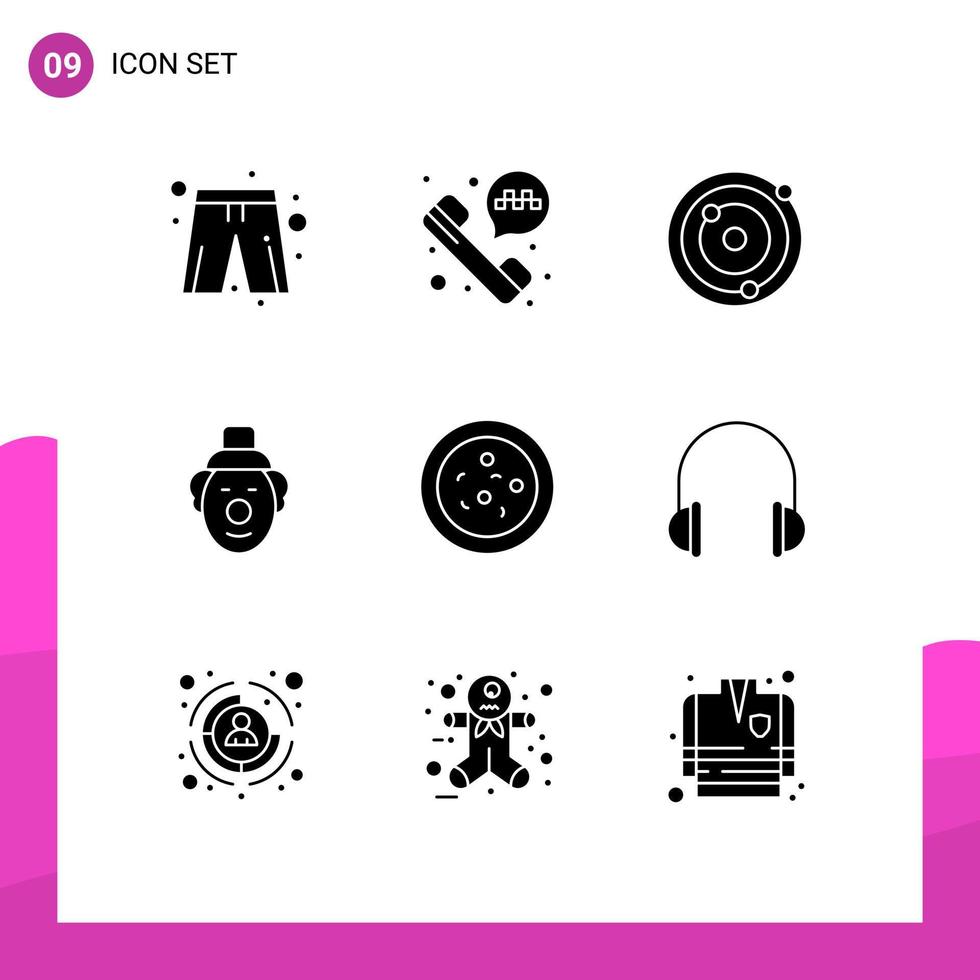Group of 9 Solid Glyphs Signs and Symbols for headset audio galaxy biology circus Editable Vector Design Elements