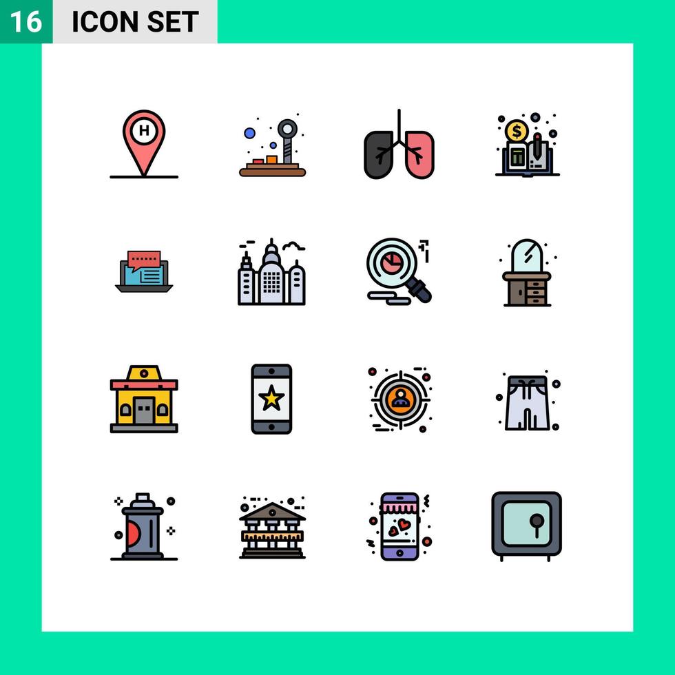 Set of 16 Vector Flat Color Filled Lines on Grid for online dialog anatomy chat distributed ledger book Editable Creative Vector Design Elements