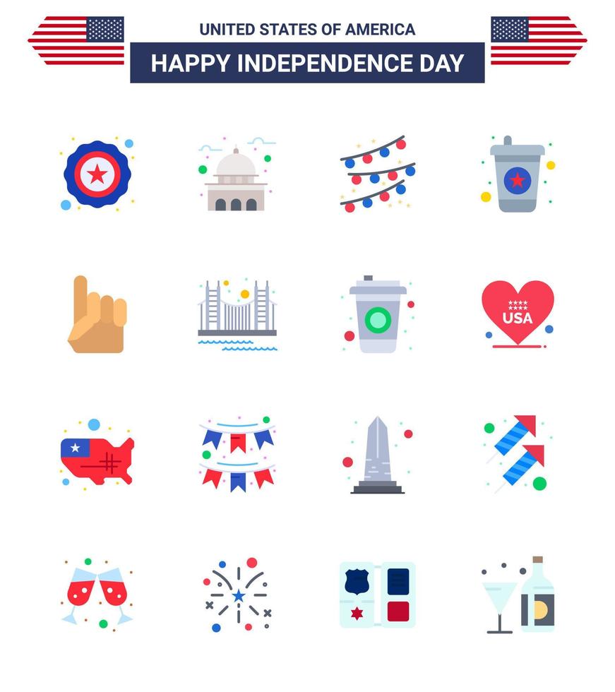 16 USA Flat Pack of Independence Day Signs and Symbols of american hand buntings foam hand drink Editable USA Day Vector Design Elements