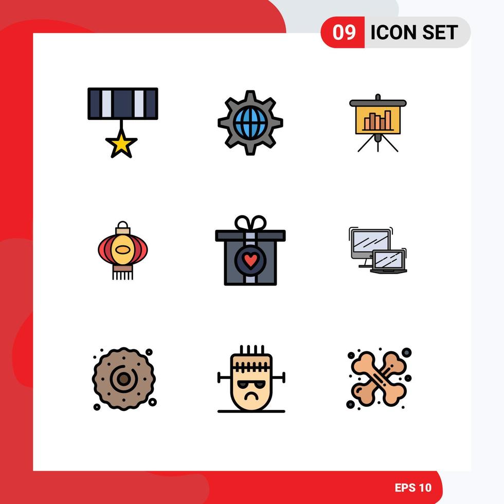 9 Universal Filledline Flat Color Signs Symbols of love chinese presentation china lantern Editable Vector Design Elements