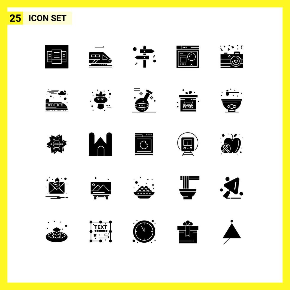 Mobile Interface Solid Glyph Set of 25 Pictograms of electric photography direction love education Editable Vector Design Elements