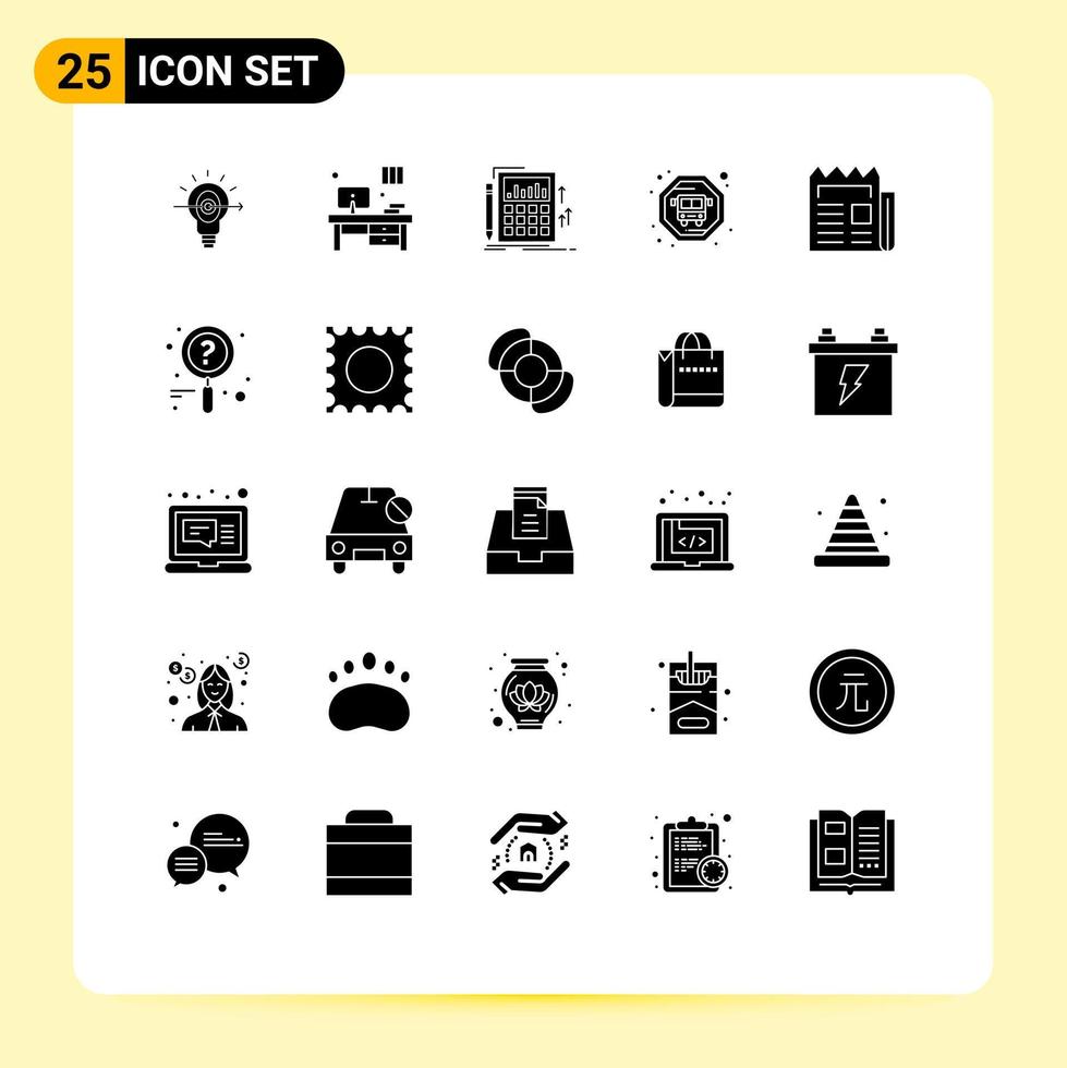 Group of 25 Modern Solid Glyphs Set for newspaper news audit media bus Editable Vector Design Elements