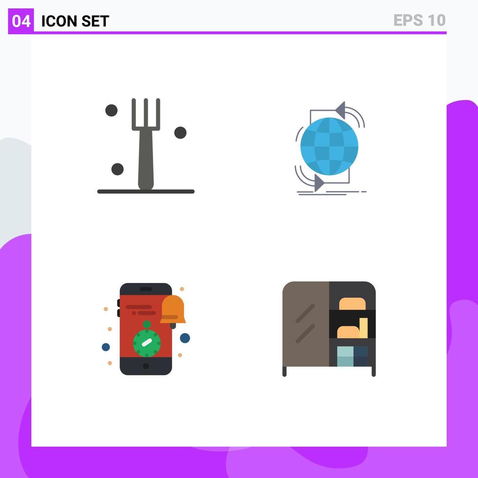 Set of 4 Vector Flat Icons on Grid for fork notification connectivity network clock Editable Vector Design Elements