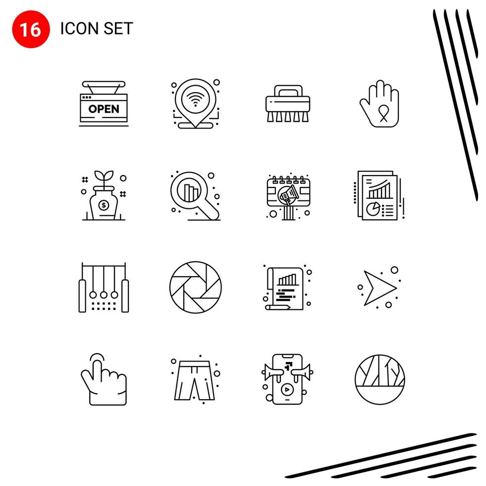 Set of 16 Modern UI Icons Symbols Signs for growth awareness connection ribbon stop Editable Vector Design Elements