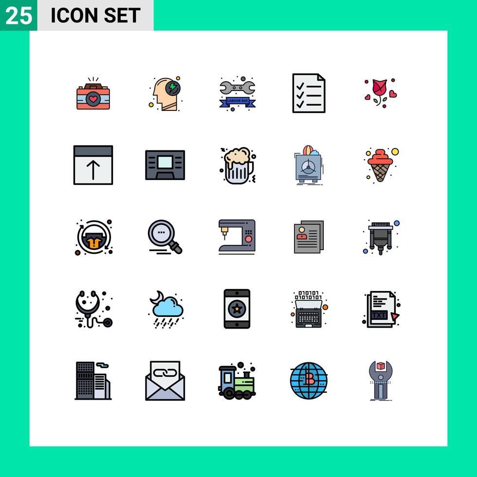 25 User Interface Filled line Flat Color Pack of modern Signs and Symbols of rose file power document wrench Editable Vector Design Elements