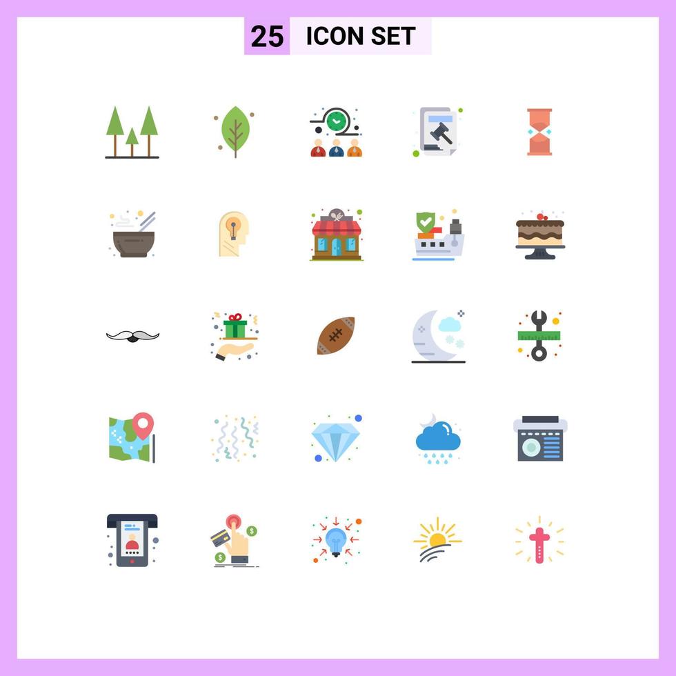 paquete de 25 signos y símbolos modernos de colores planos para medios de impresión web, como el reloj de arena del temporizador, la hora de la reunión, el blog del martillo de la corte, los elementos de diseño vectorial editables vector