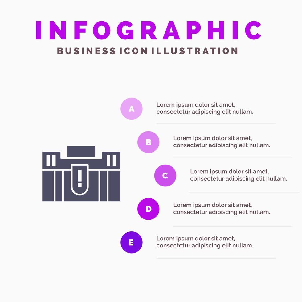 maletín negocio caso tenencia cartera maleta viaje sólido icono infografía 5 pasos presentación antecedentes vector