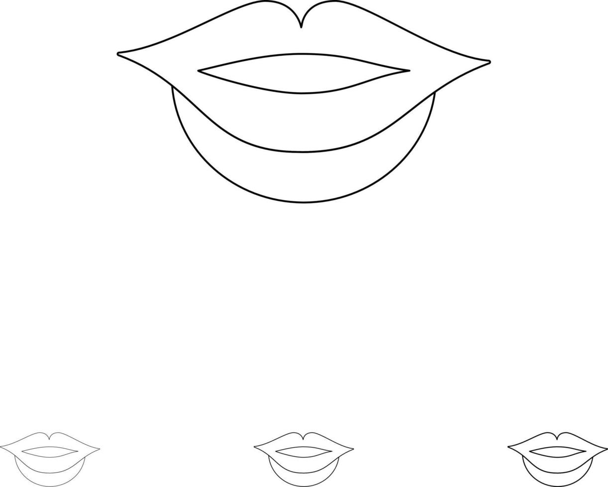 Lips Girl Bold and thin black line icon set vector