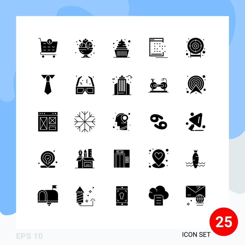 User Interface Pack of 25 Basic Solid Glyphs of darts dot cream network mobile Editable Vector Design Elements