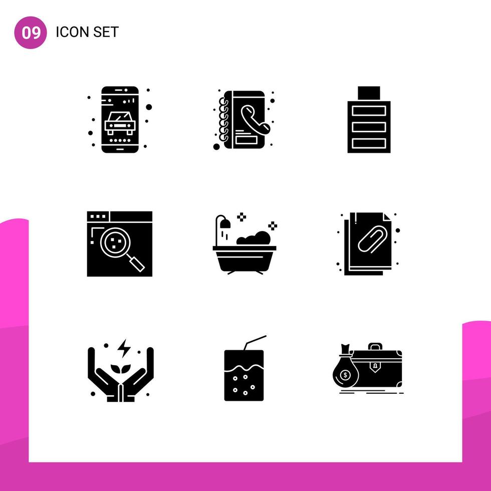 Set of 9 Modern UI Icons Symbols Signs for attached document clean full bathroom search Editable Vector Design Elements