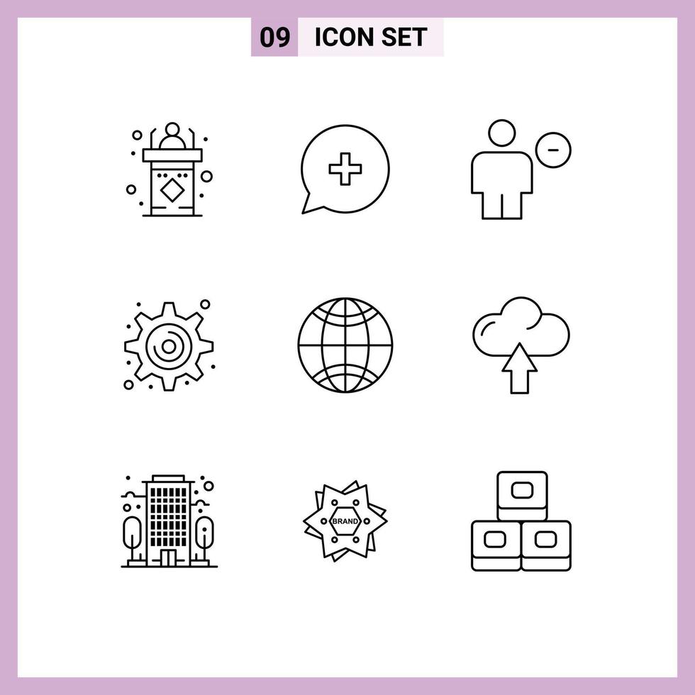 Set of 9 Commercial Outlines pack for global gear plus cogwheel human Editable Vector Design Elements