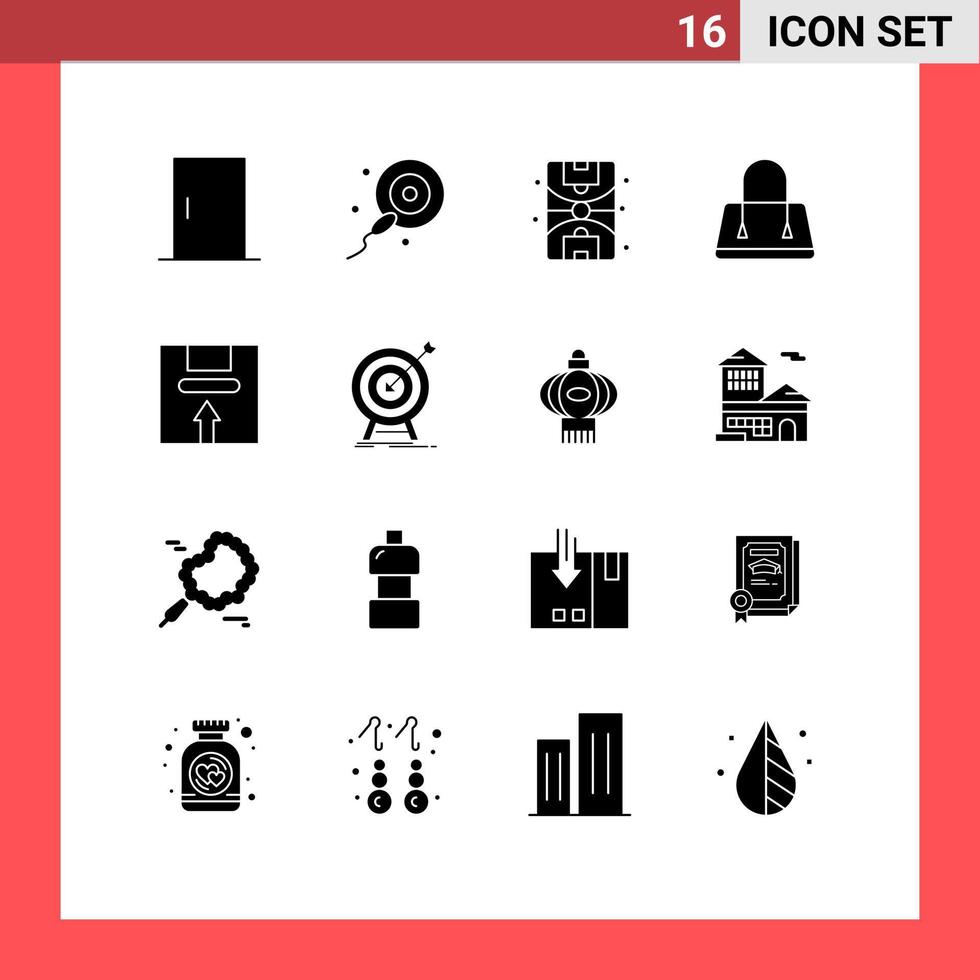 16 Thematic Vector Solid Glyphs and Editable Symbols of package handle life delivery purse Editable Vector Design Elements