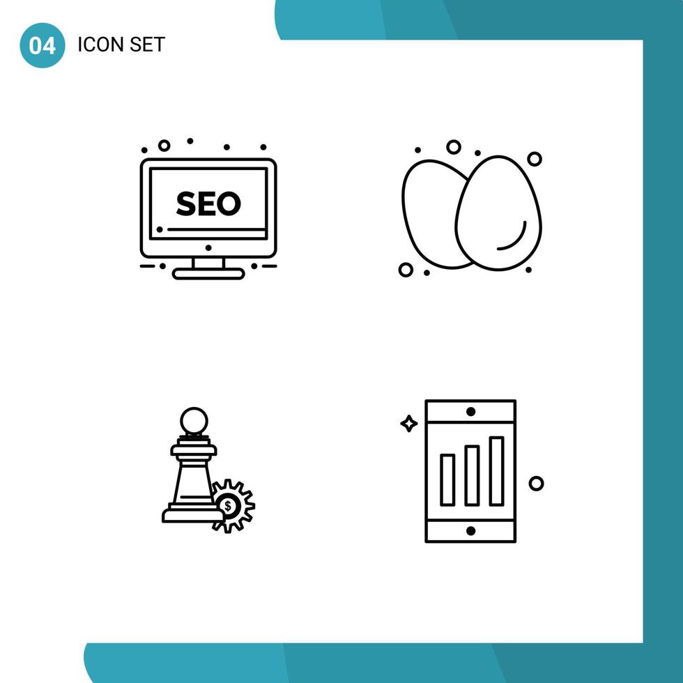 Mobile Interface Line Set of 4 Pictograms of desktop chess monitor diet strategy Editable Vector Design Elements