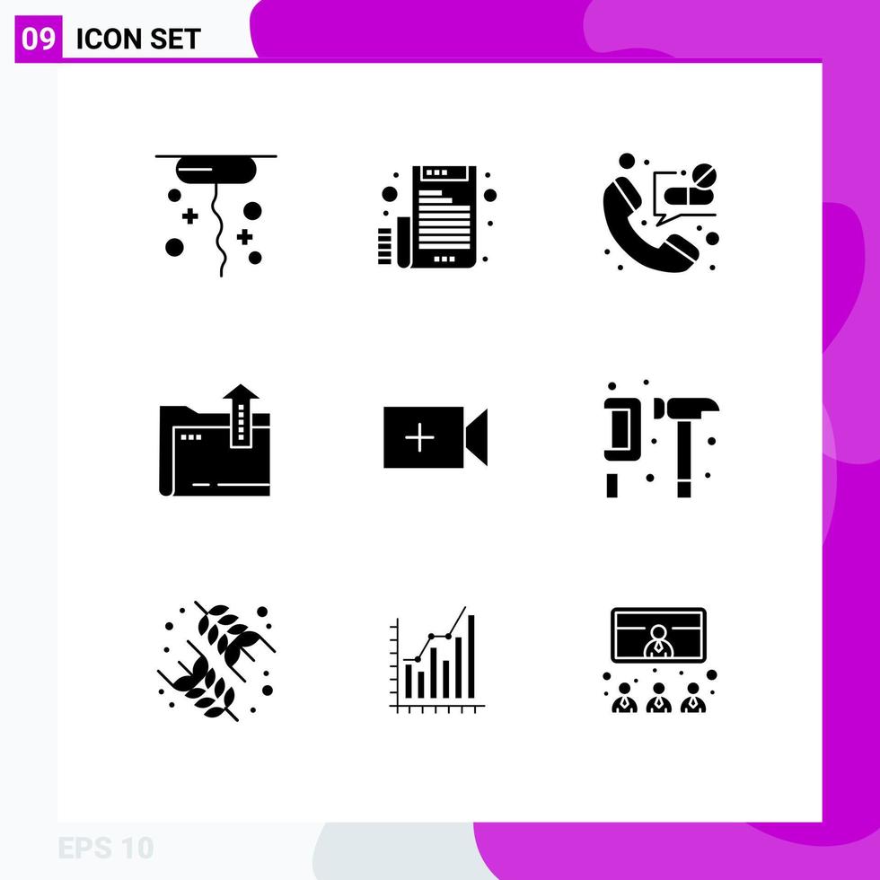 User Interface Pack of 9 Basic Solid Glyphs of ui video contact storage dacoment Editable Vector Design Elements