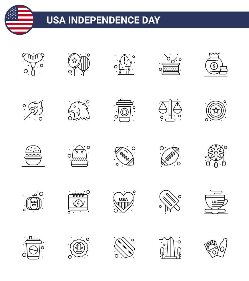 conjunto de 25 iconos del día de los ee.uu. símbolos americanos signos del día de la independencia para la bolsa independencia flor independencia tambor elementos editables del diseño del vector del día de los ee.uu.