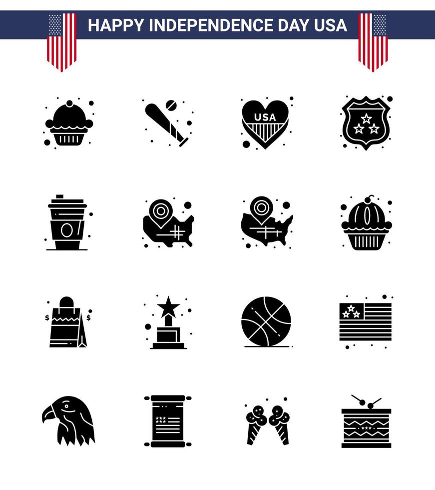 feliz día de la independencia 4 de julio conjunto de 16 glifos sólidos pictograma americano de bebida policía escudo americano elementos de diseño vectorial del día de estados unidos editables americanos vector