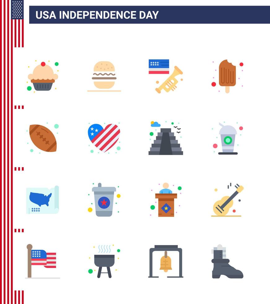 16 USA Flat Signs Independence Day Celebration Symbols of sports ball speaker ice cream cream Editable USA Day Vector Design Elements