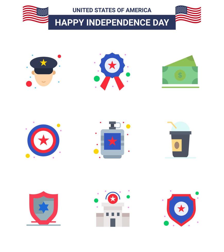 Happy Independence Day 4th July Set of 9 Flats American Pictograph of hip drink money alcoholic star Editable USA Day Vector Design Elements
